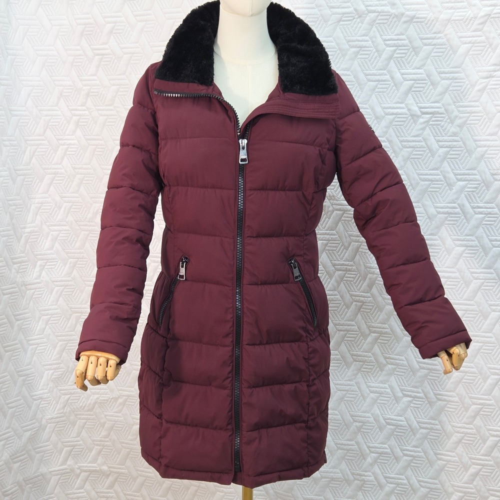 Andrew Marc Coat Puffer Womens Quilted Faux Fur Trim Trench Stretch Zip‎ Size SM